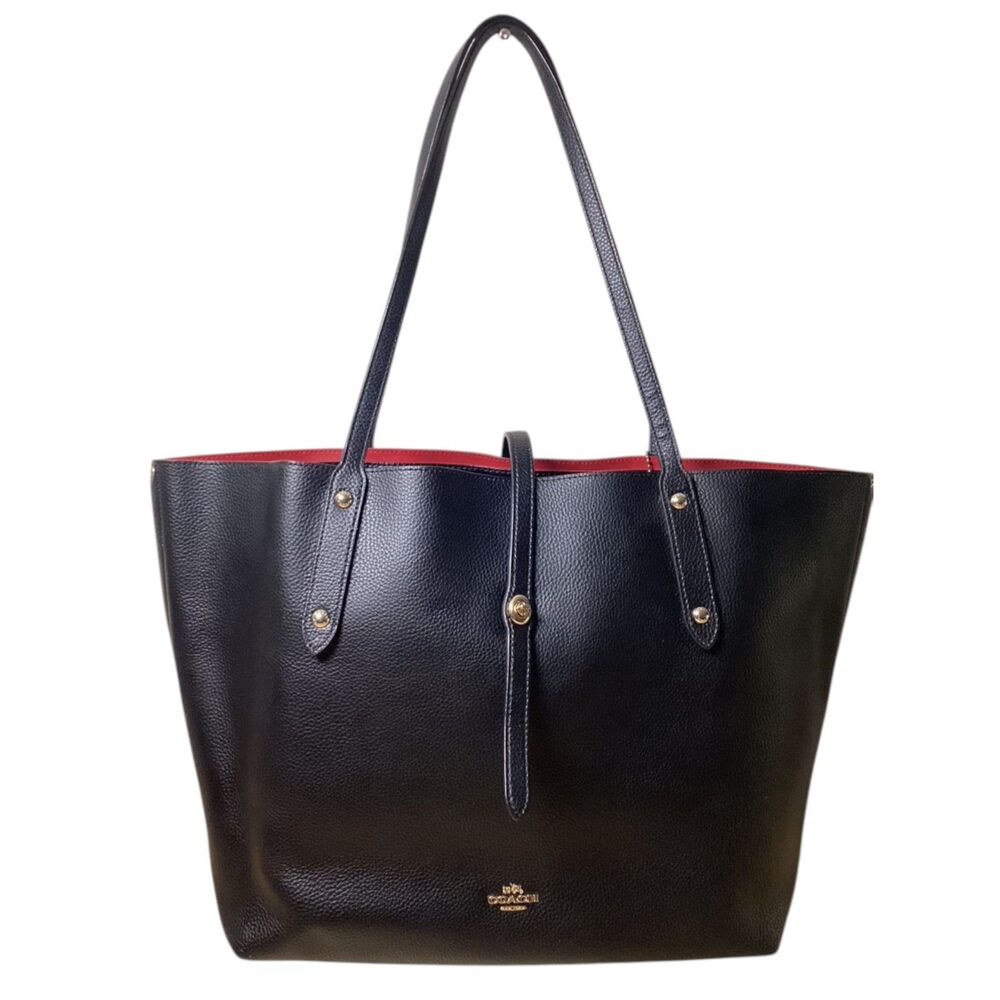 Coach 58849 Black Market Leather Tote Bag Large Turn Lock Red Interior
